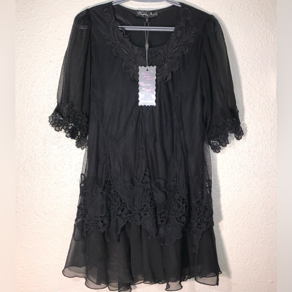 PRETTY ANGELS Size Small Little Small Black Dress embroidered, short sleeve